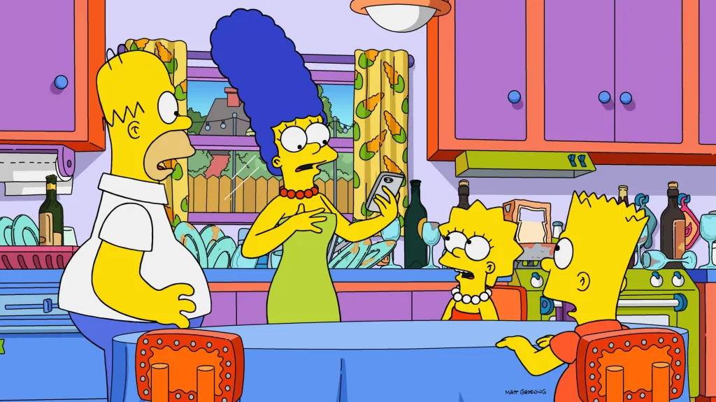 Illustration of Homer, Marge, Lisa, and Bart Simpson in a kitchen.