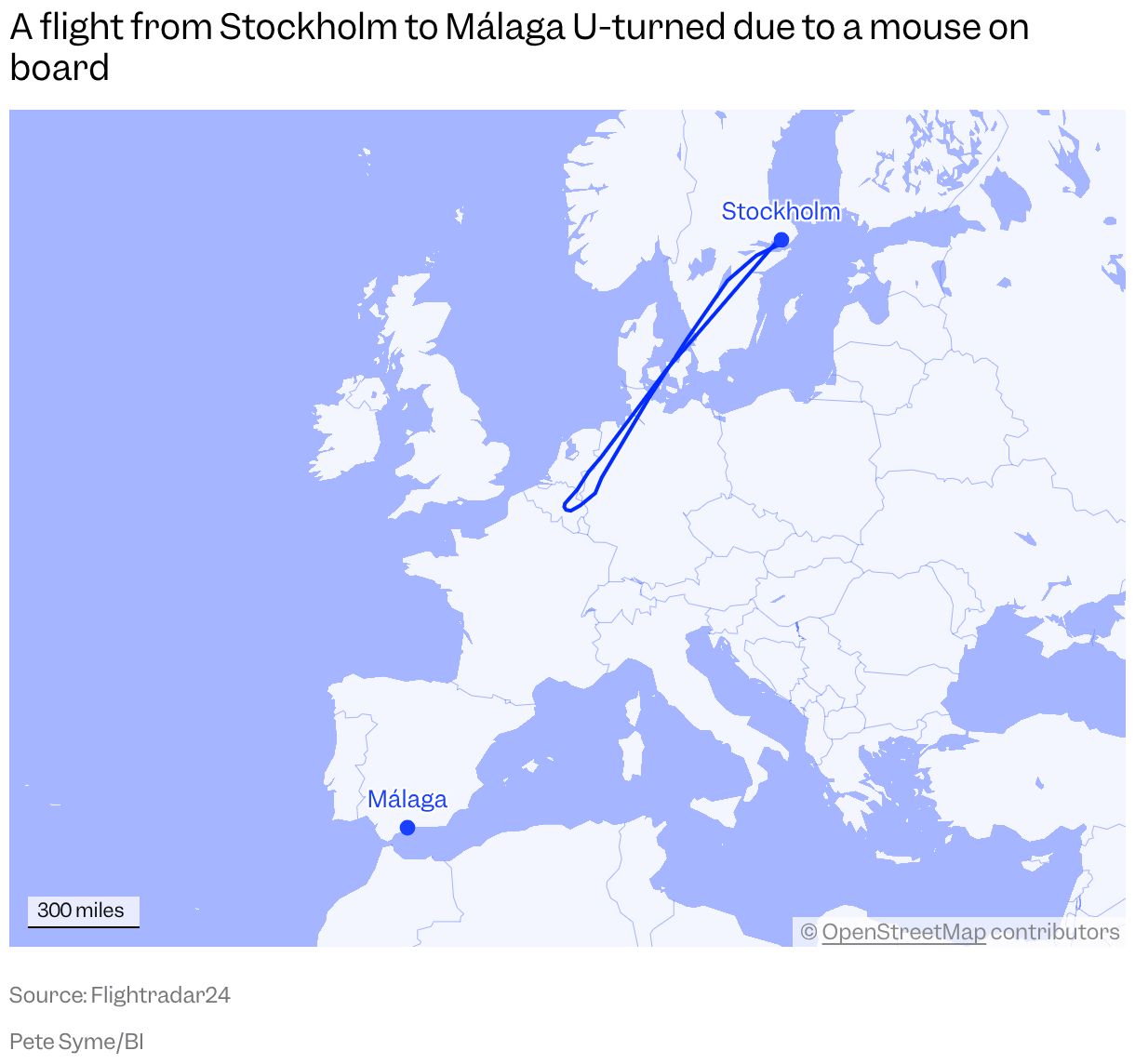 A map of Europe shows a flight path from Stockholm turning around over Belgium, with Málaga, Spain, also marked.