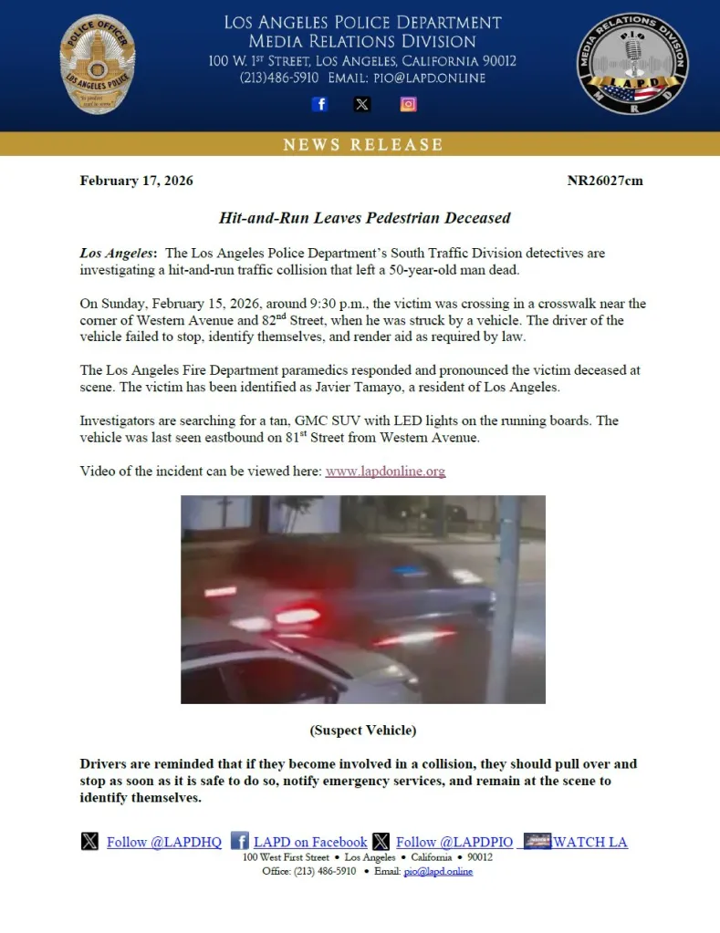 An LAPD news release detailing a fatal hit-and-run incident with an image of the suspect vehicle.