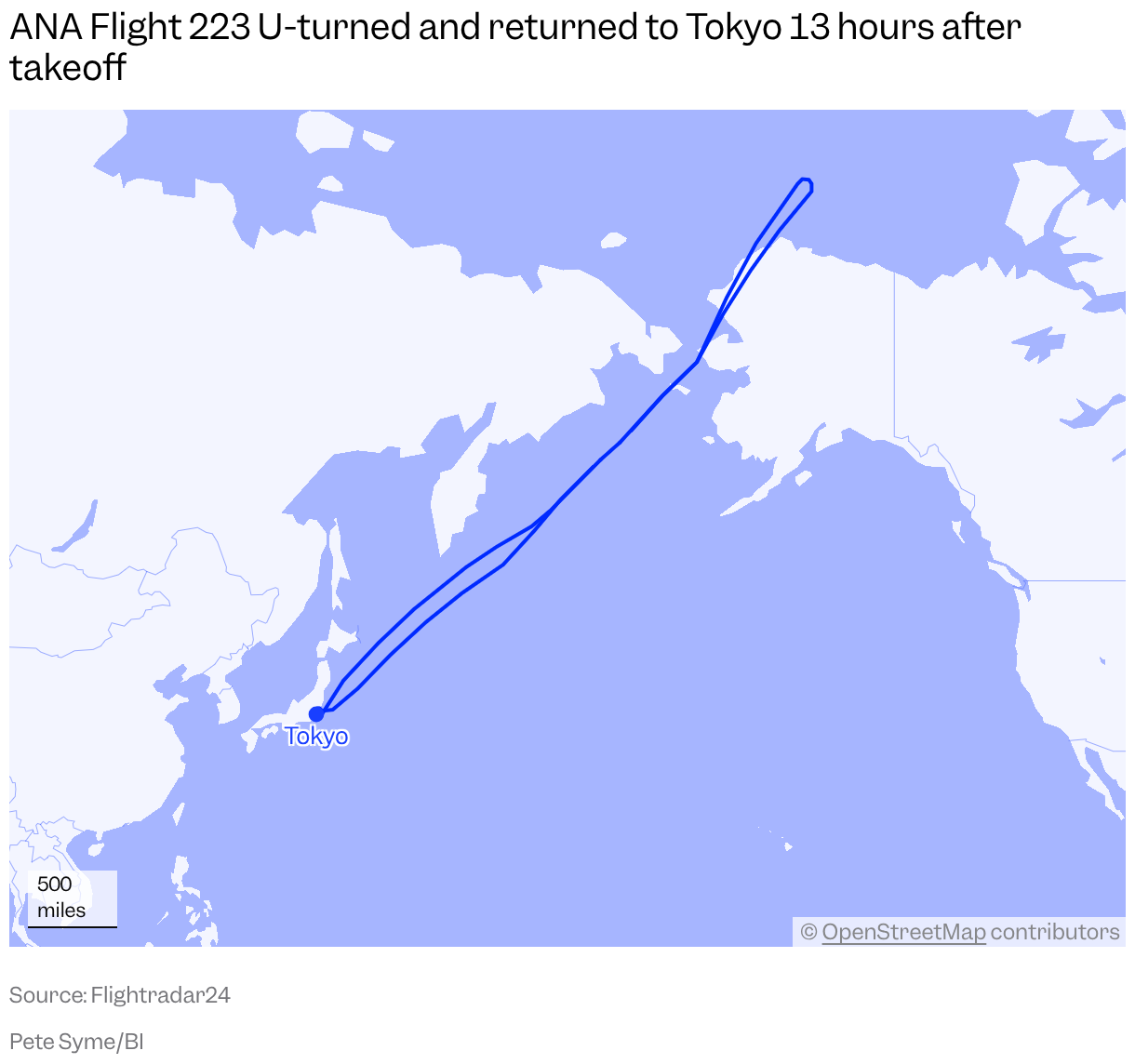 A map of the Pacific Ocean shows the flight path of ANA Flight 223 on Tuesday, 17 February, that turned around north of Alaska before returning to Tokyo