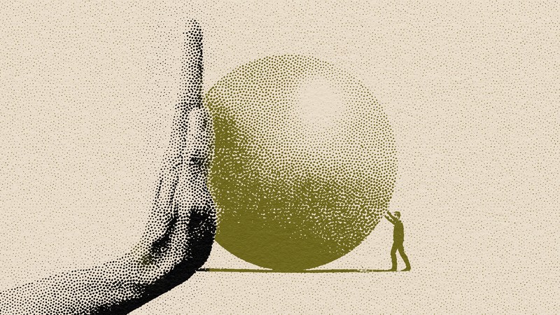 Illustration of a gold-colored ball with a little man pushing from the right and giant hand pushing from the left.