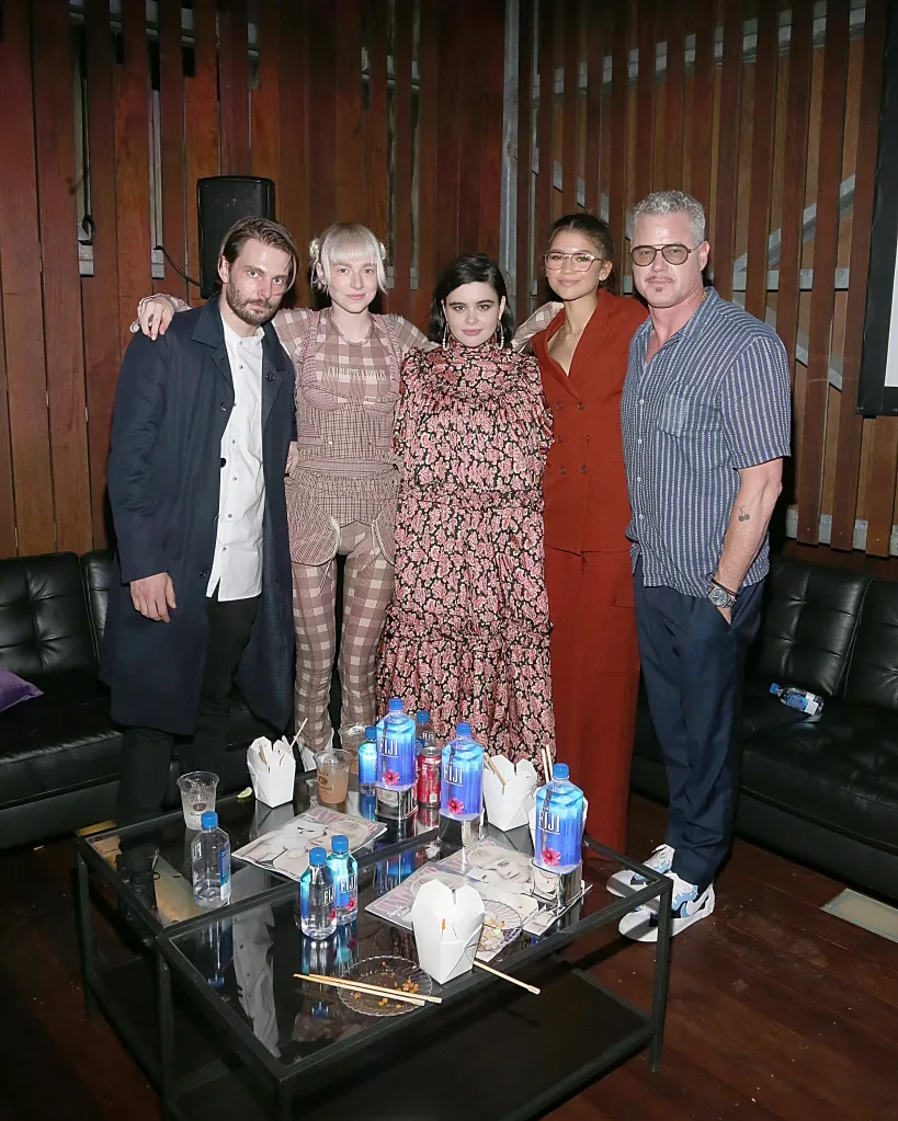 Sam Levinson, Hunter Schafer, Barbie Ferreira, Zendaya, and Eric Dane pose for a photo at the HBO Euphoria premiere afterparty.
