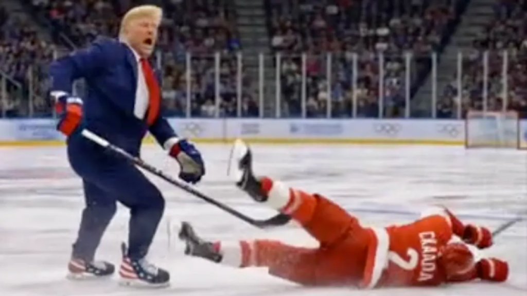 Trump shares bizarre AI video of himself besting Canada’s hockey team after Team USA win