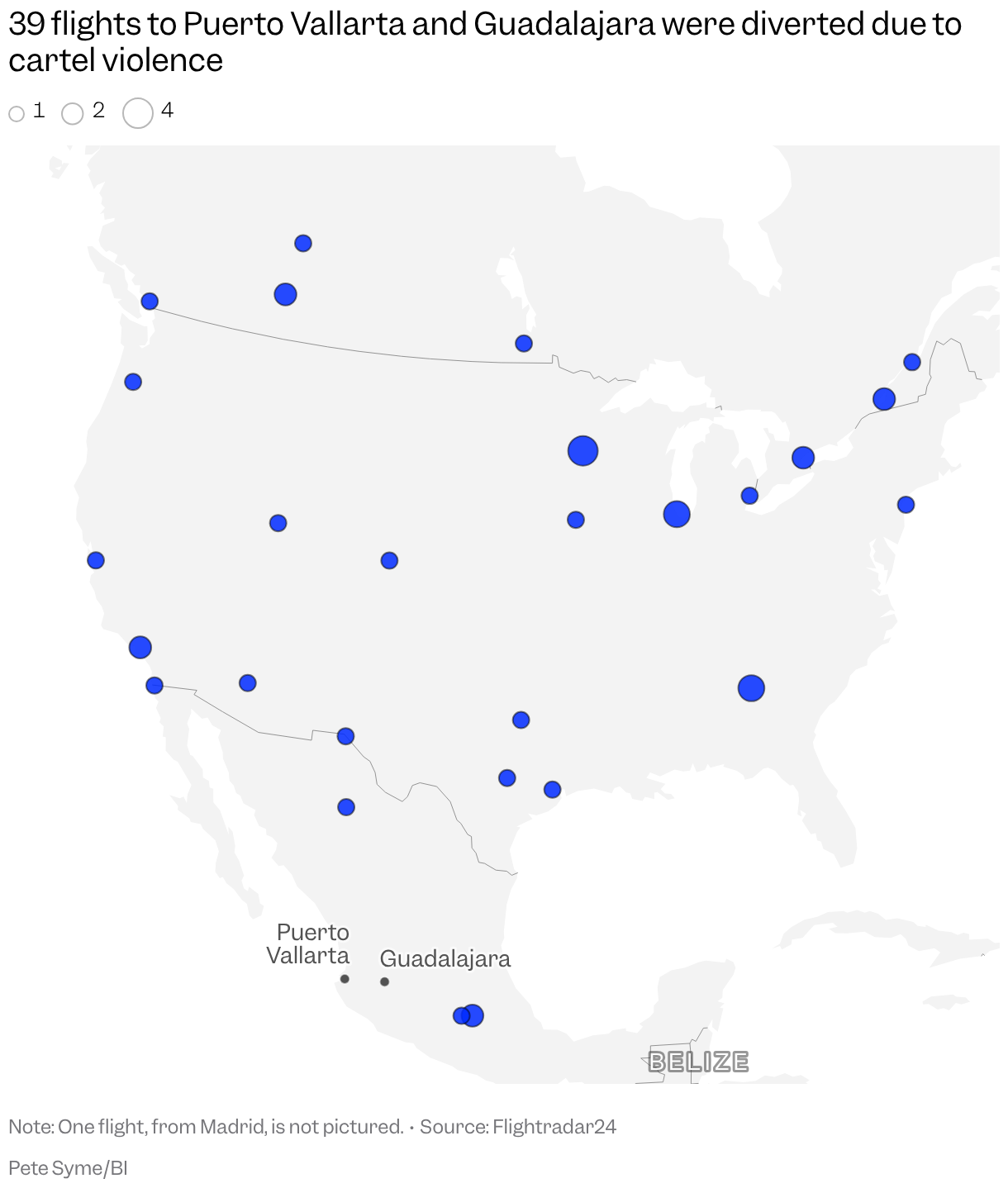 A map of North America has icons based on size for the number of diversions from different origin points, with Puerto Vallarta and Guadalajara also marked.