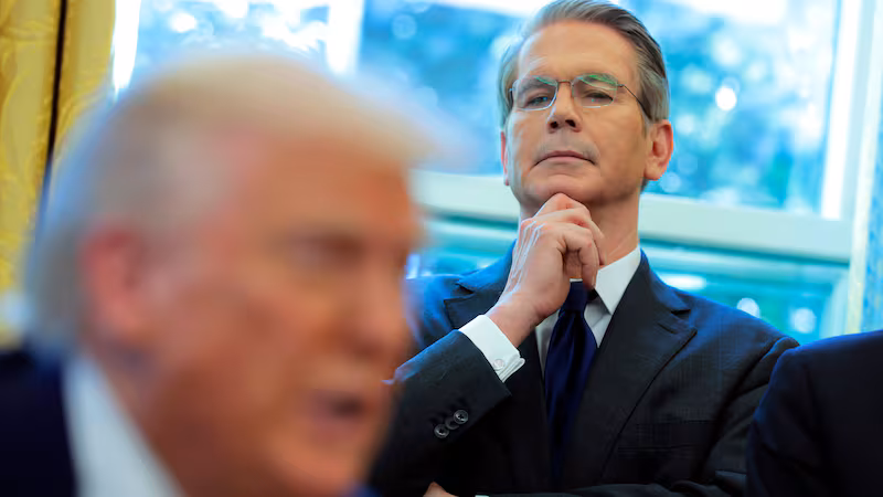 WASHINGTON, DC - APRIL 09: U.S. Treasury Secretary Scott Bessent looks on as U.S. President Donald Trump signs executive orders in the Oval Office of the White House on April 09, 2025 in Washington, DC. President Trump signed several executive orders including directing the “repeal of unlawful regulations” and reducing “anti-competitive regulatory barriers.” Earlier today, Trump announced a 90-day pause on the full effect of his new tariffs for dozens of countries with the exception of China. (Photo by Anna Moneymaker/Getty Images)