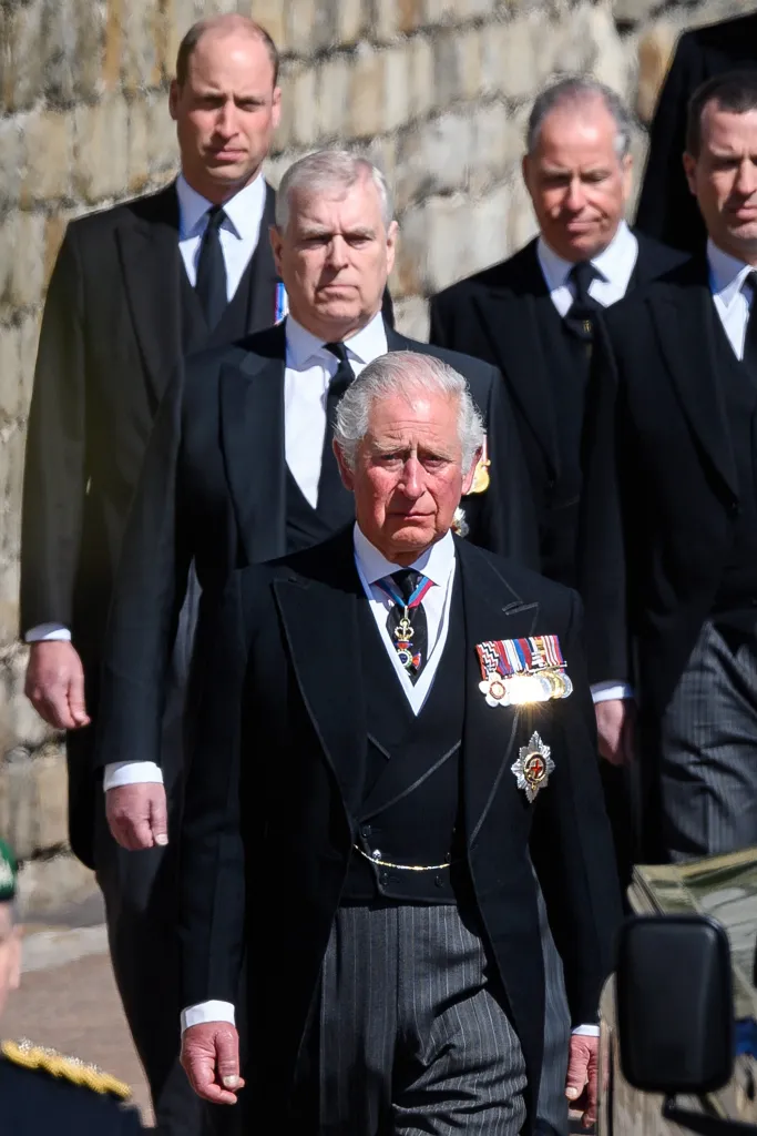Prince Charles walks ahead of Prince Andrew, Prince William, and two other men at Prince Philip's funeral.