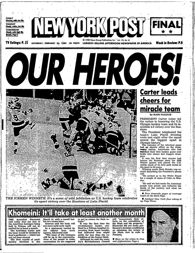 The Post's front cover for Team USA's upset of the Soviet Union in 1980.