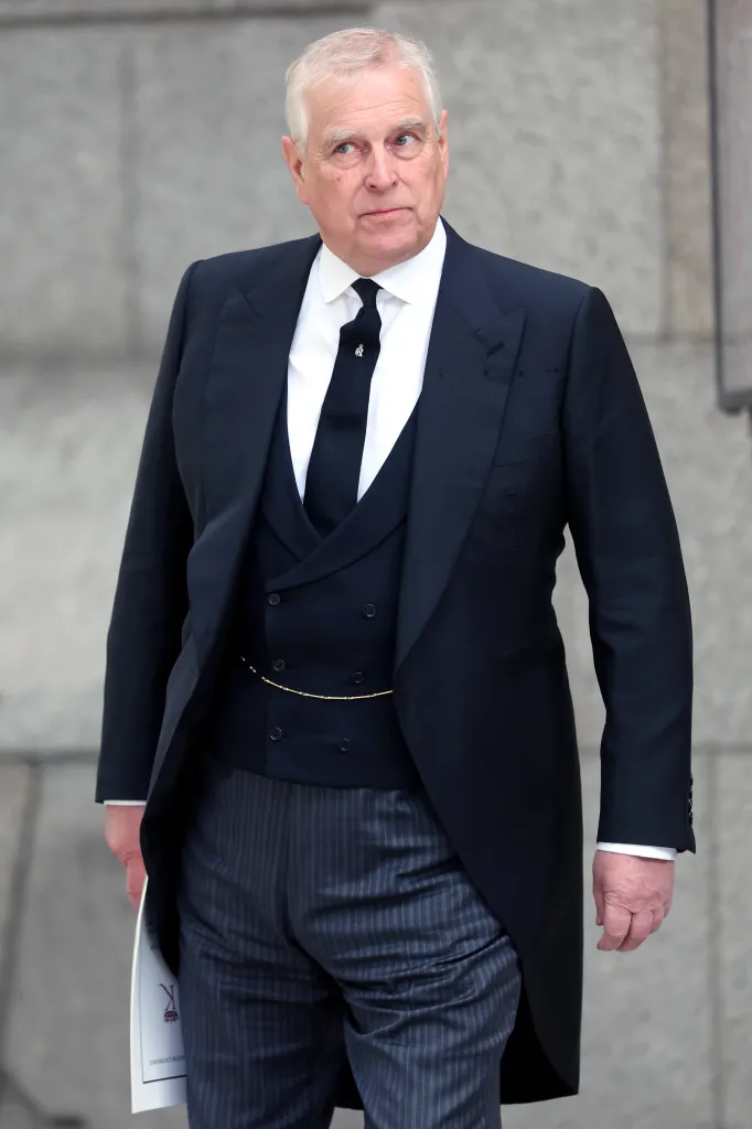 Prince Andrew, Duke of York, at the funeral of the Duchess of Kent.