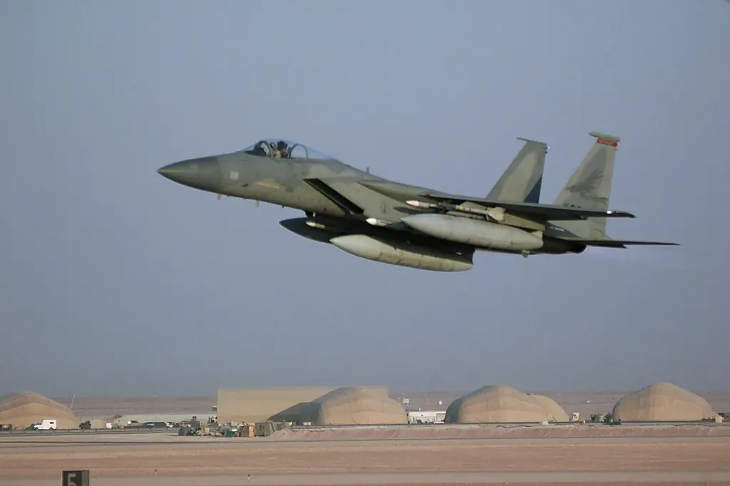 A US F-15 Eagle takes off from Prince Sultan Air Base in Saudi Arabia.