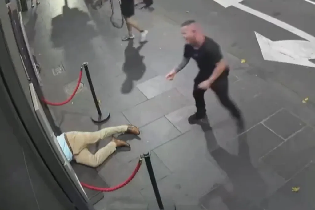 He missed the bouncers entirely. Instead, the furniture smashed into the back of his apologetic mate’s head, knocking him out cold as security guards watched on in disbelief.