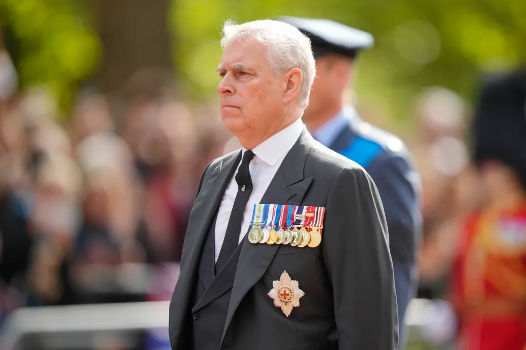 Prince Andrew, Duke of York walks behind the coffin during the ceremonial procession of the coffin of Queen Elizabeth II from Buckingham Palace to Westminster Hall on September 14, 2022 in London, United Kingdom. 