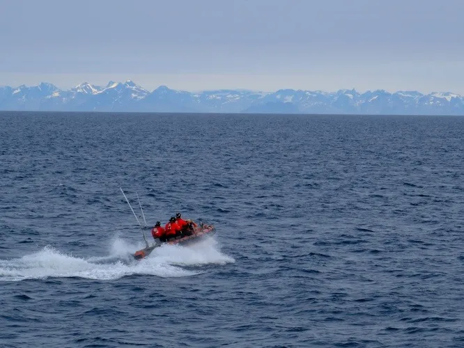 U.S. Coast Guard Cutter Northland boat crew members perform a check-ride in the Arctic Ocean.