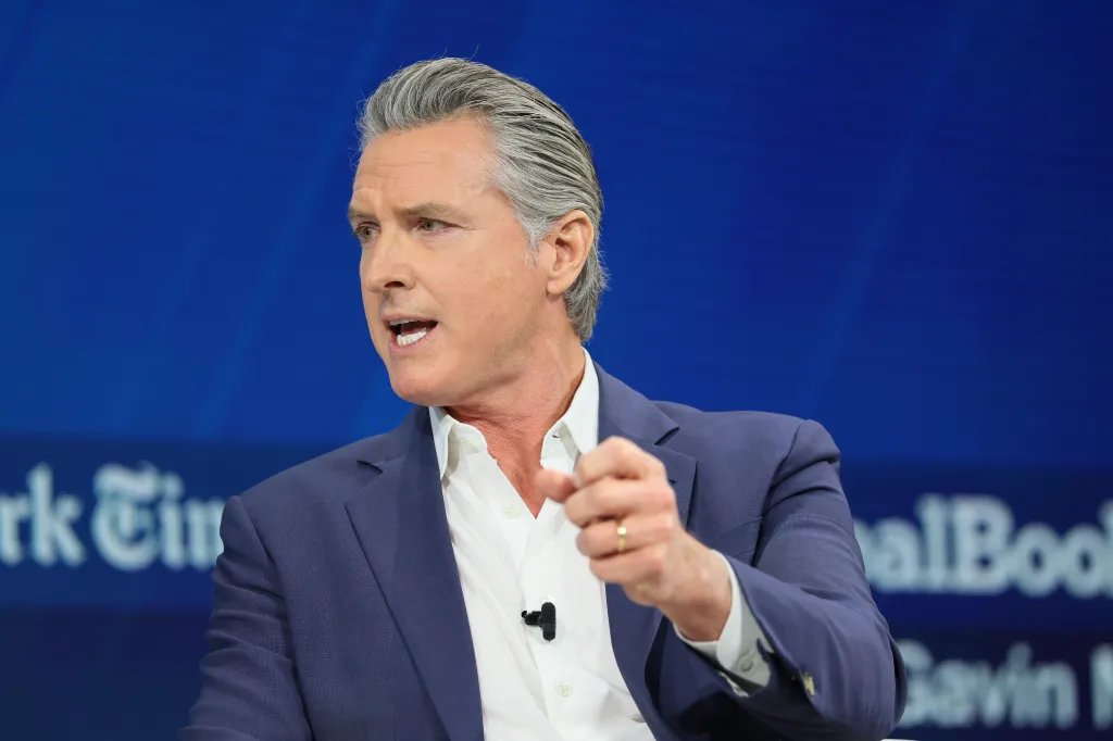 California Governor Gavin Newsom speaking at the New York Times Dealbook Summit.