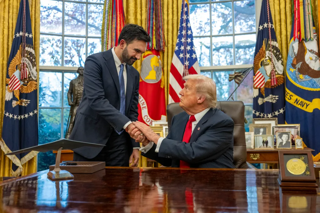US President Donald Trump shaking hands with New York Mayor-elect Zohran Mamdani in the Oval Office.