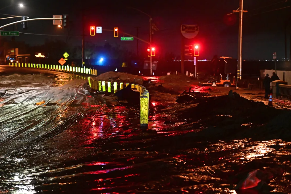Mud covers the Pacific Coast Highway in Malibu, California, during a storm.