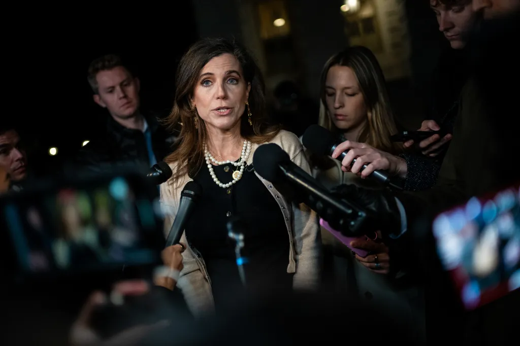 Rep. Nancy Mace speaks to reporters outside the Capitol on Nov. 12, 2025.