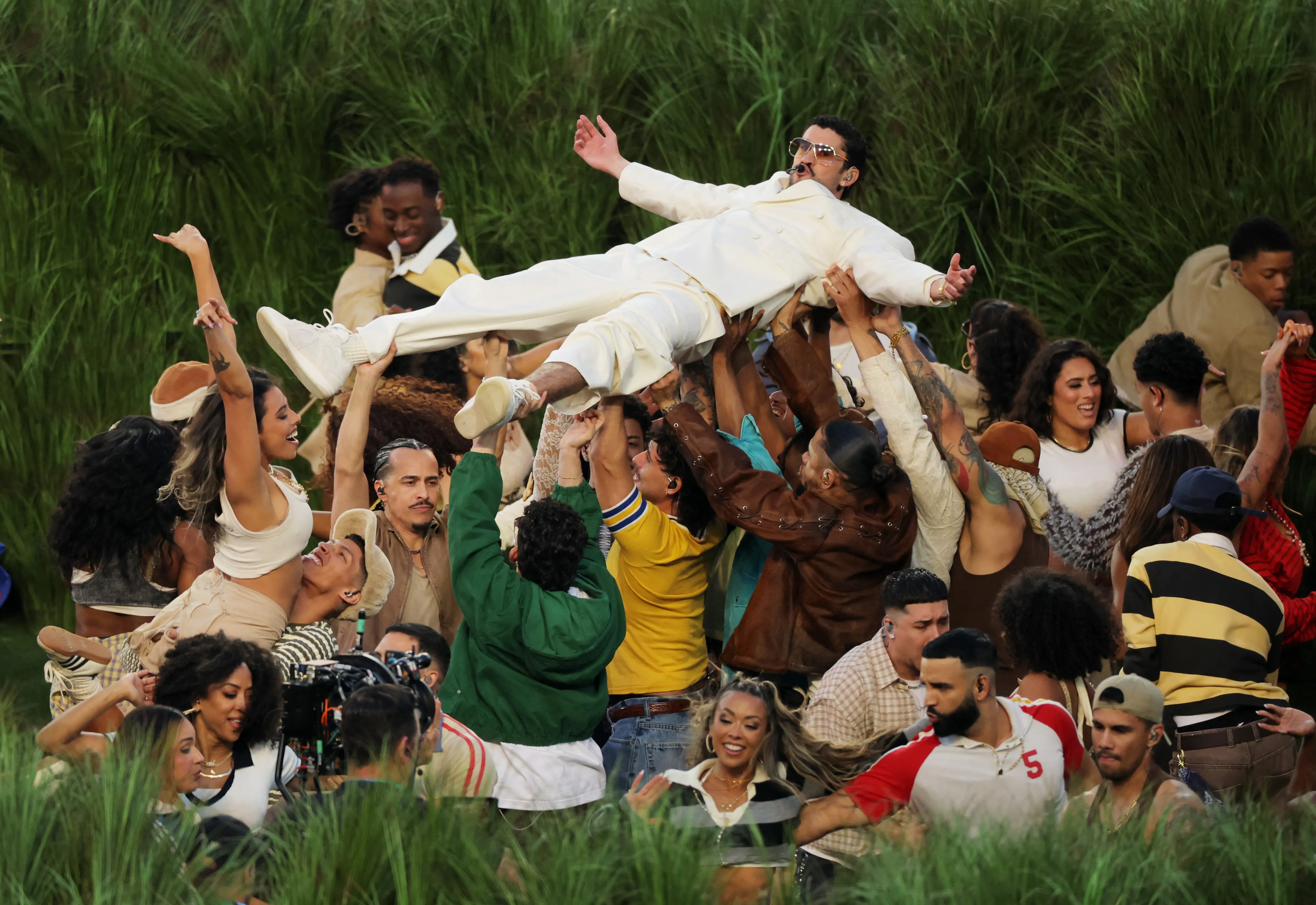 Bad Bunny performing during Super Bowl 2026 on Feb. 8