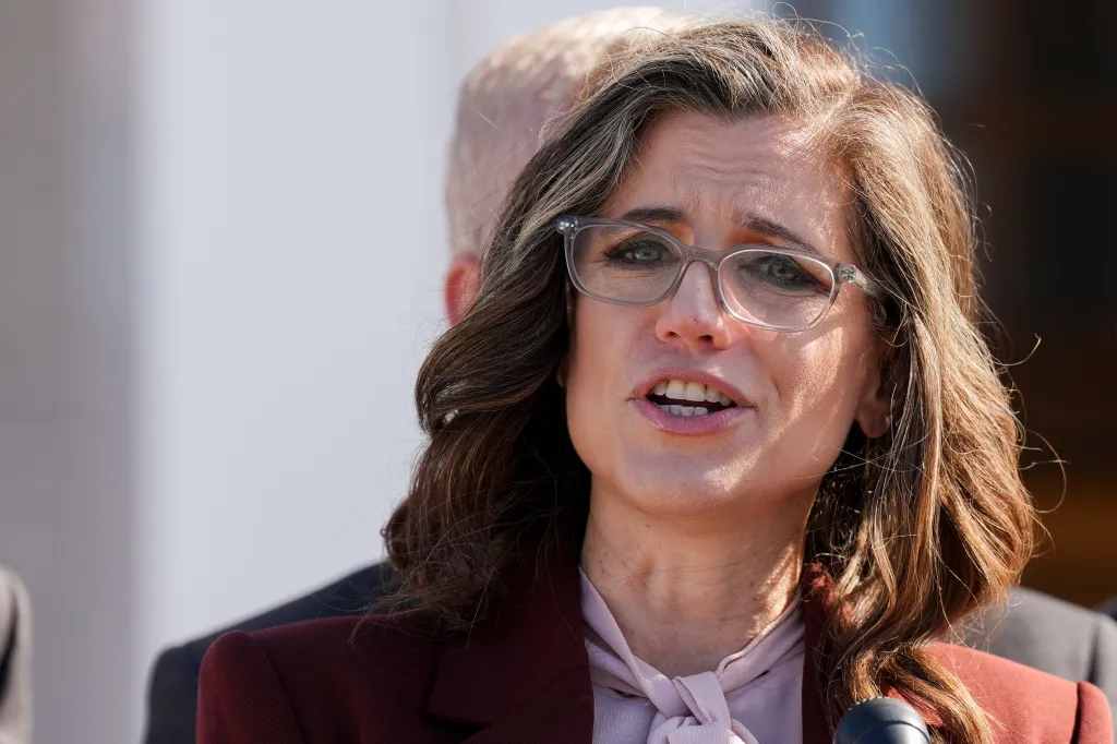 Nancy Mace speaks at a press conference after President Bill Clinton's deposition to the House Oversight Committee in Chappaqua, NY, on Feb. 27, 2026.