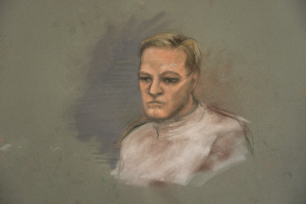 A court sketch depicts Marius Borg Hoiby, son of Norwegian Crown Princess Mette-Marit during the first day of a trial in Oslo at the District Court on February 3, 2026. 