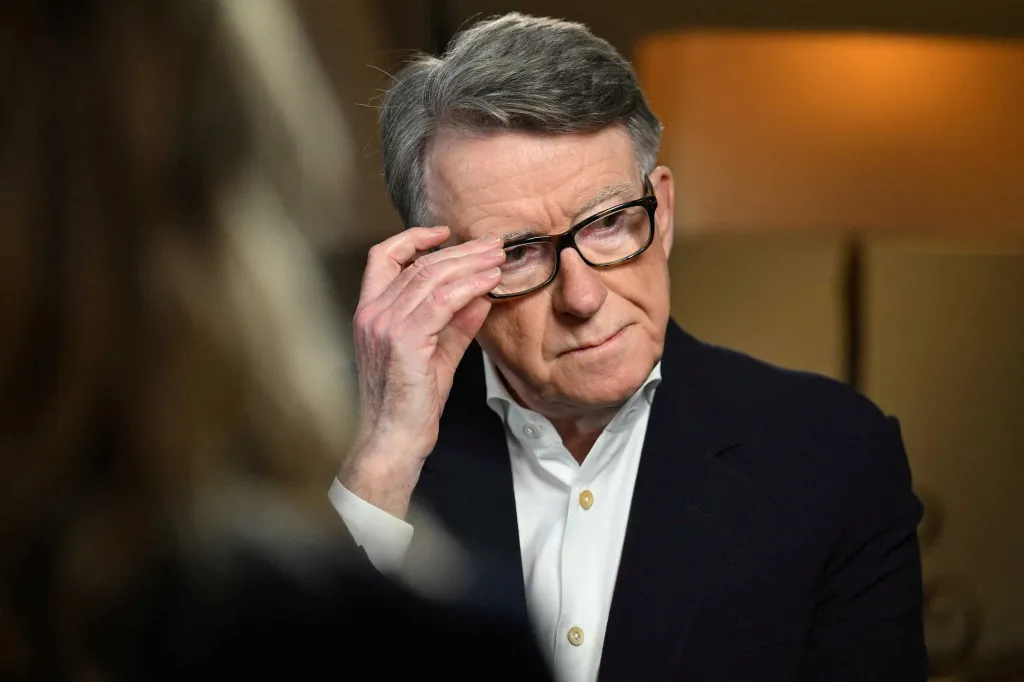 Peter Mandelson adjusting his glasses during an interview for BBC's 'Sunday with Laura Kuenssberg'.