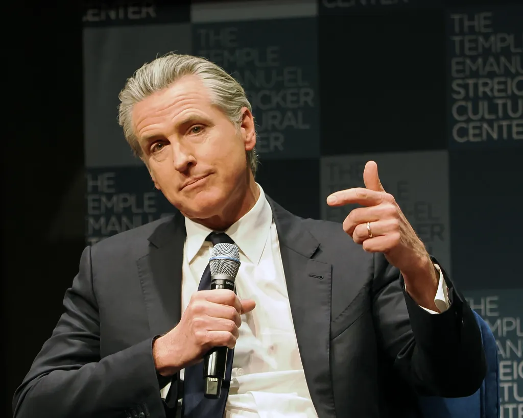 California Governor Gavin Newsom speaking at a book discussion in New York City.