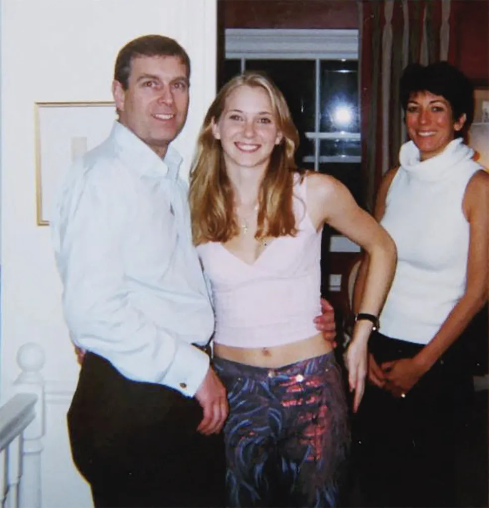 Prince Andrew, Virginia Giuffre, and Ghislaine Maxwell posing for a photo.