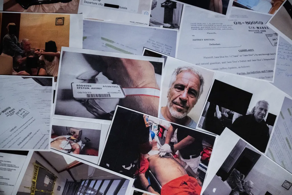 Collage of documents and photos related to Jeffrey Epstein's case, including a booking photo, medical wristband, and photos of Epstein and other individuals.