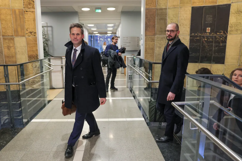 State Attorney and Prosecutor Sturla Henriksboe (L) and police prosecutor Andreas Kruszewski arrive at the District Court in Oslo on February 3, 2026, for the start of the trial against Marius Borg Hoiby.