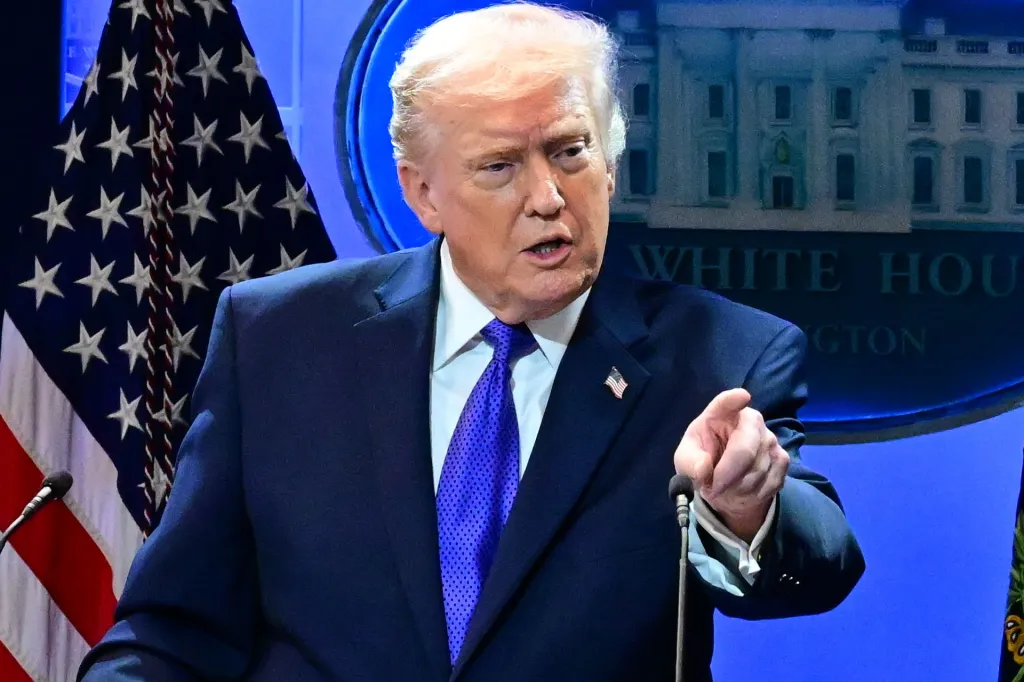 President Donald Trump speaks at a press conference at the White House after a Supreme Court ruling on tariffs on Feb. 20, 2026.