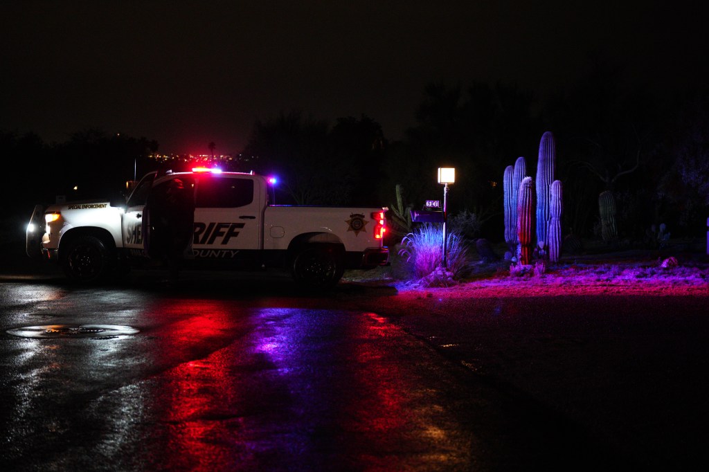 A sheriff's truck with flashing red and blue lights is parked on a road at night next to cacti illuminated by purple and blue lights.