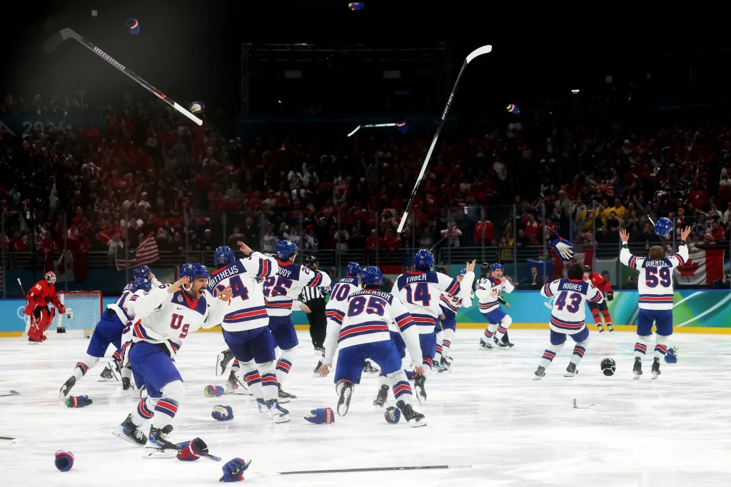 The US men's hockey team celebrating after beating Canada to win the gold medal at the 2026 Winter Olympic Games in Milan on Feb. 22, 2026.