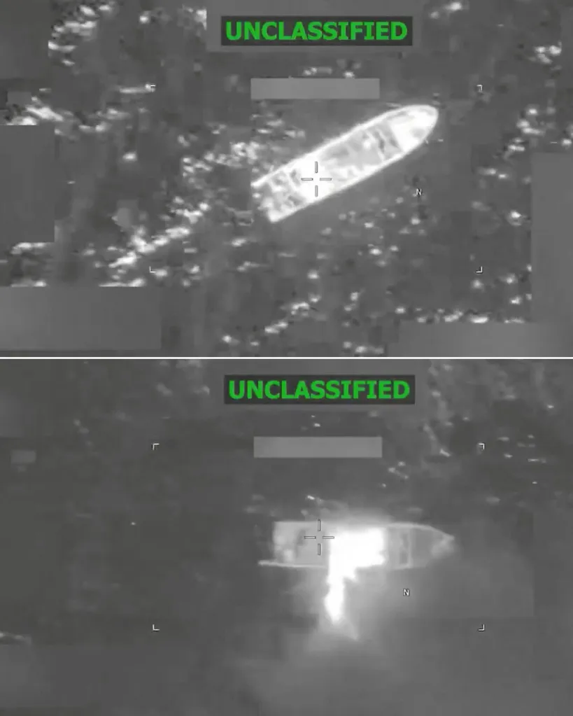 Collage of two thermal images showing a vessel before and during a kinetic strike.