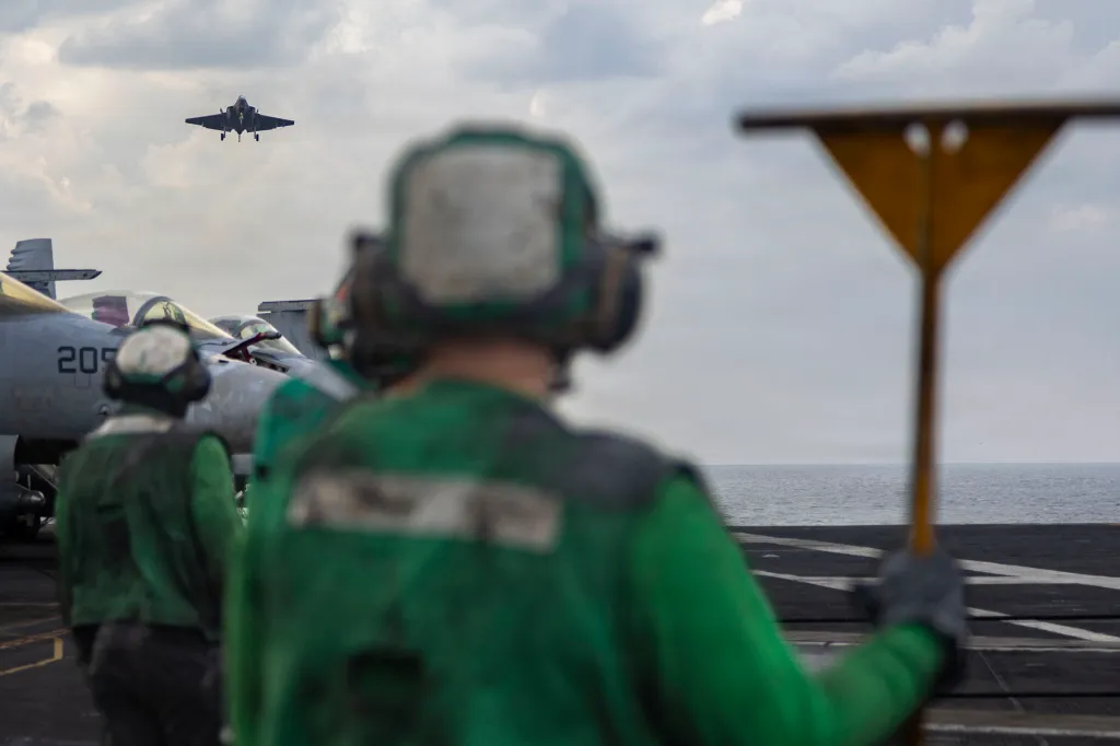 An F-35C Lightning II prepares to land on the USS Abraham Lincoln aircraft carrier in the Arabian Sea.