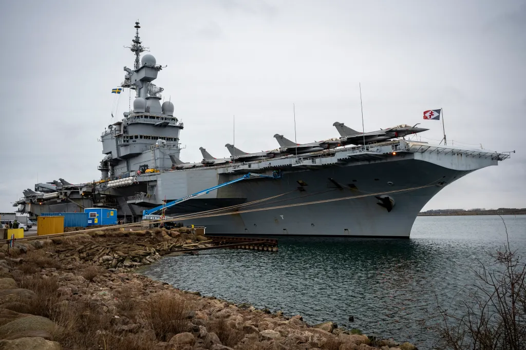the French aircraft carrier Charles De Gaulle (R91) during a media tour while moored at the quay of the North Port in Malmo, Sweden. 