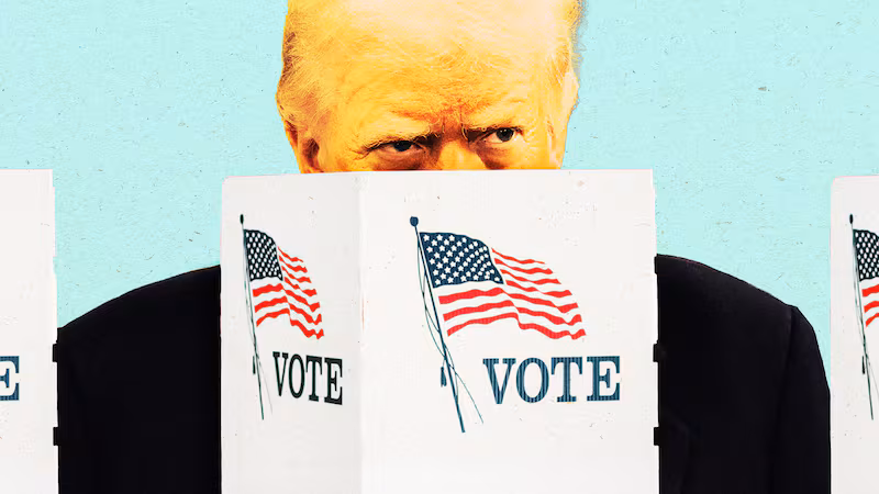 A photo illustration of Donald Trump at a voting booth.