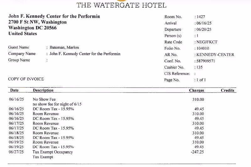 This was the bill racked by Brandon Marlow for the allegedly financially ruined Kennedy Center, including a night he didn't even turn up.
