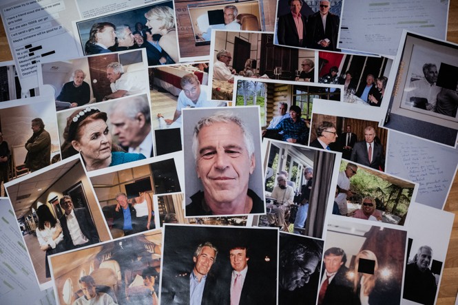 An array of Epstein photographs and pieces of evidence, including the picture of Epstein and Trump