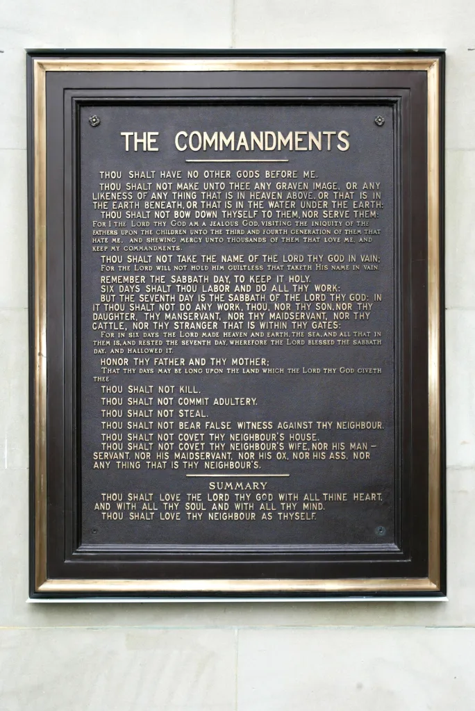 A plaque of the Ten Commandments.