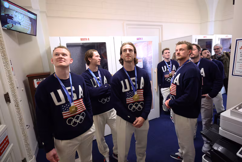 WASHINGTON, DC - FEBRUARY 24: Members of the U.S. Olympic gold medal hockey team wait backstage ahead of the State of the Union address during a Joint Session of Congress at the U.S. Capitol on February 24, 2026, in Washington, DC. Trump delivered his address days after the Supreme Court struck down the administration's tariff strategy and amid a U.S. military buildup in the Persian Gulf threatening Iran. (Photo by Kevin Dietsch/Getty Images)
