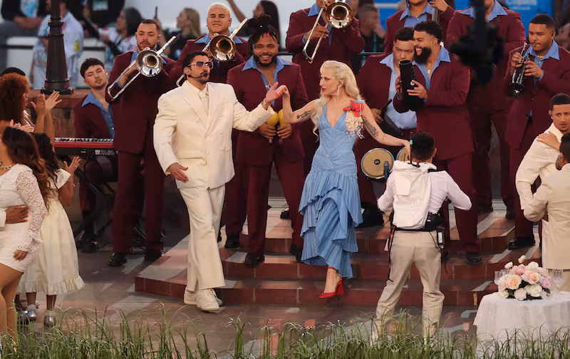 US singer-songwriter Lady Gaga and Puerto Rican singer Bad Bunny perform during Super Bowl LX Patriots vs Seahawks Apple Music Halftime Show at Levi's Stadium in Santa Clara, California on February 8, 2026.