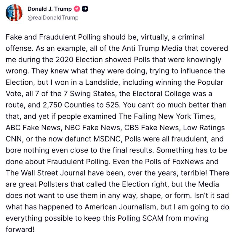 Donald Trump Truth Social post about polling