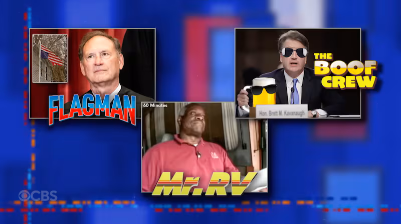 Screenshot of a graphic from Stephen Colbert's show roasting justices Alito, Kavanaugh, and Thomas.