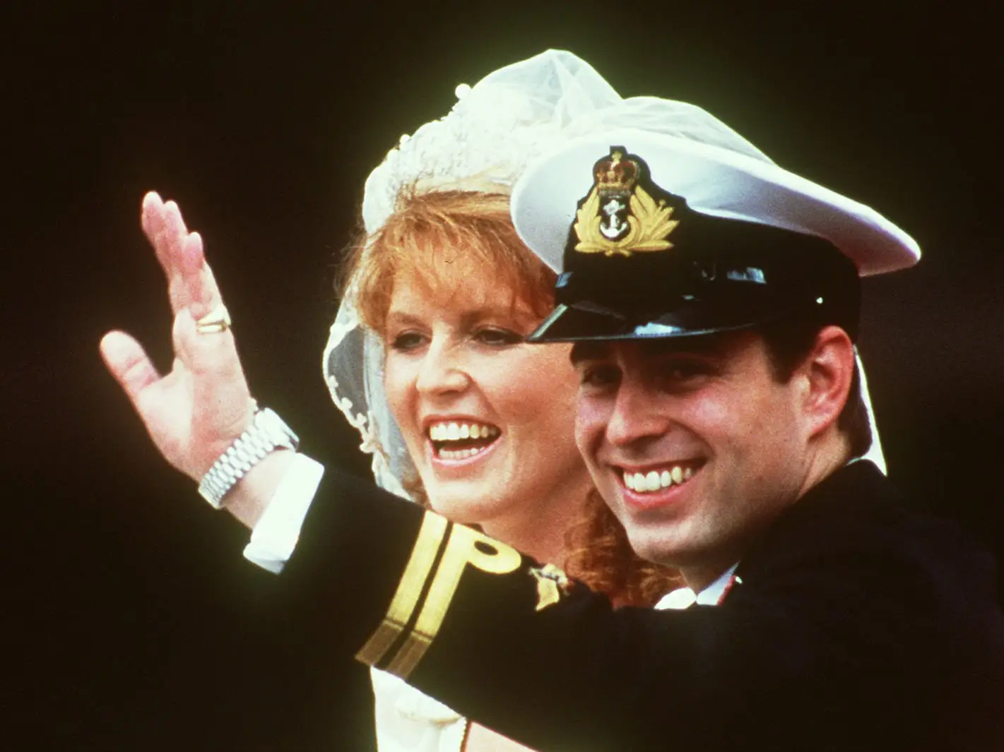 Sarah Ferguson and Prince Andrew wave to the crowd on their wedding day in 1986.