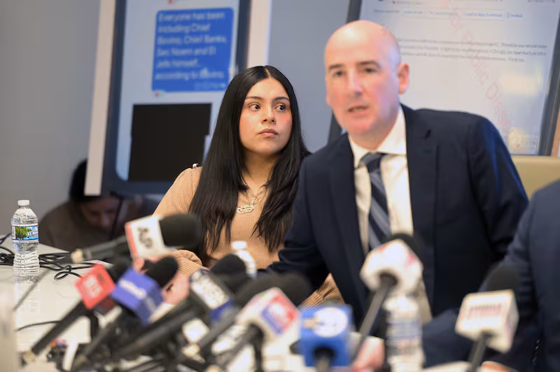 Marimar Martinez, a Chicago teacher's assistant who survived being shot five times by a U.S. Border Patrol agent in Oct. 2025, speaks during a news conference at the law offices of Cheronis & Parente LLC and Gallagher & Kosner Law LLC on Feb. 11, 2026, in Chicago, Illinois. Following a recent federal court ruling to release body camera footage and internal text messages related to the incident, Martinez and her legal counsel addressed the media regarding the dismissal of federal assault charges against her and their ongoing efforts to combat what they describe as a 'misinformation campaign' by the Department of Homeland Security. Martinez was shot during 'Operation Midway Blitz' while attempting to warn neighbors of the presence of immigration agents in her Brighton Park neighborhood.