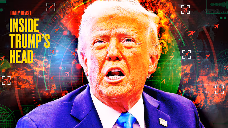 A photo illustration of Donald Trump and Iran War Plan Meltdown Inside Trump's Head podcast.