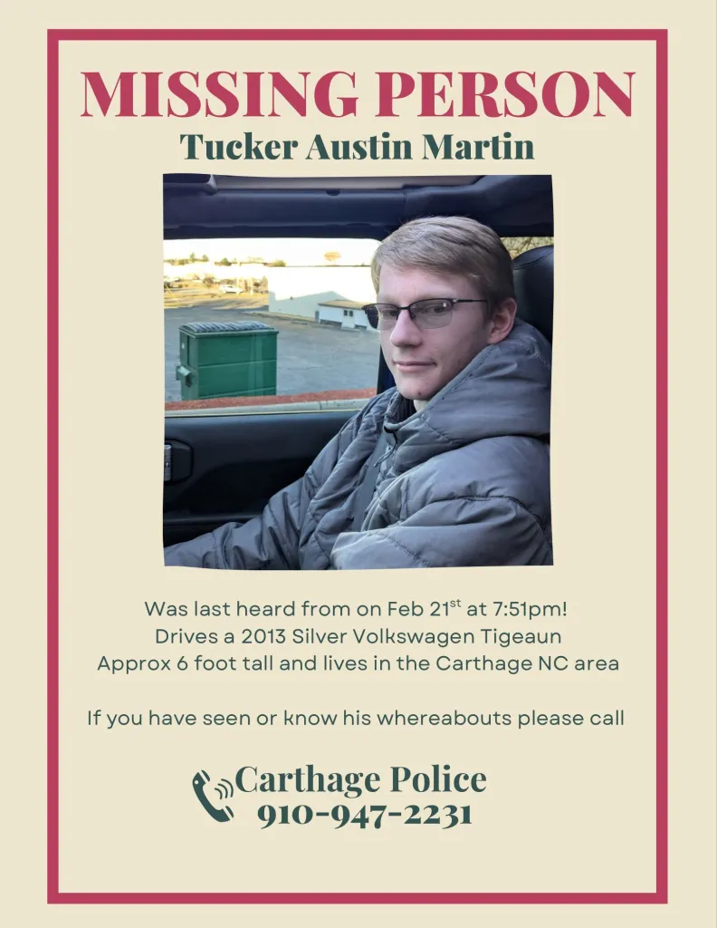 Missing person poster for Tucker Austin Martin, including a photo of him, his last known activity, vehicle, description, and contact information for Carthage Police.