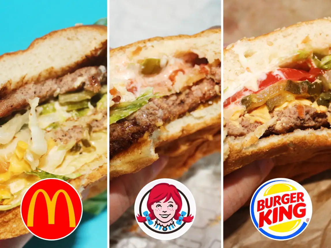 mcdonalds big mac, wendys daves single, and burger king whopper with company logos
