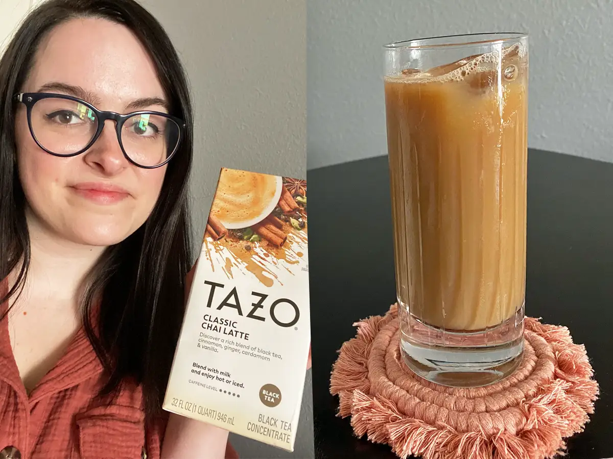 Author holding carton of Tazo chai concentrate. Tall glass of ice chai latte from Tazo concentrate.