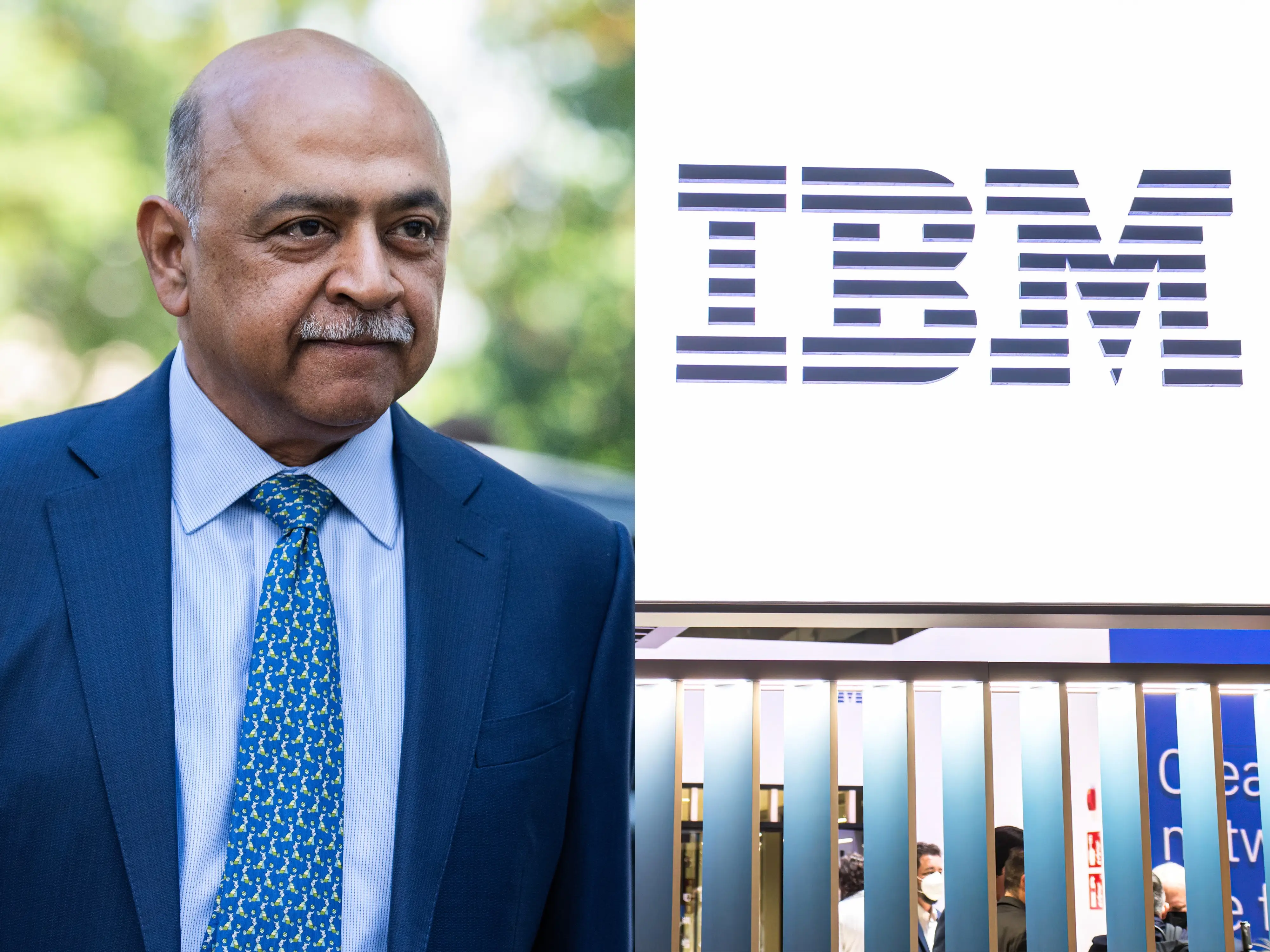 Composite image of IBM CEO Arvind Krishna and the IBM logo