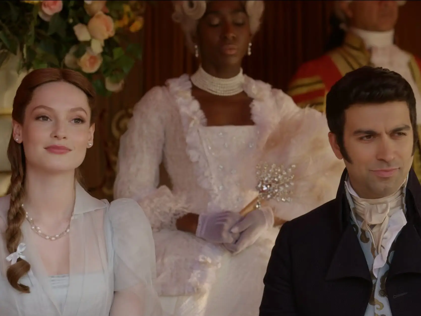 Hannah Dodd and David Mumeni as Francesca Bridgerton and Lord Samadani in